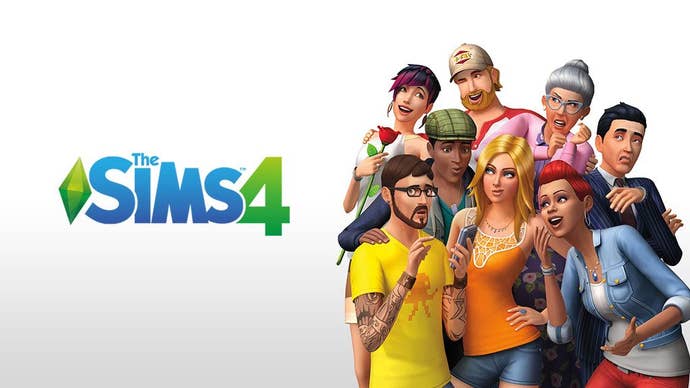 The Sims 4 artwork with the words “The Sims 4” and eight Sims.