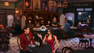 A screenshot from The Sims 4's Cozy Bistro Kit DLC, showing a couple dining together in a welcoming, wood-panelled bistro with patrons sitting along a bar behind them.