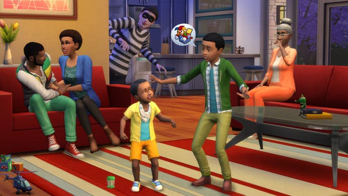 A screenshot of a family chatting together in The Sims 4 while the Burglar, Photoshopped into the image, peeks sneakily from behind a wall.