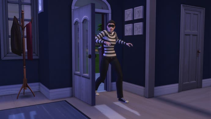 A screenshot of the Sims 4 that shows a thief who sneaks through an open entrance door at night.