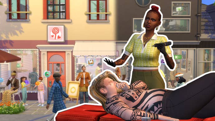 A frustrated tattooist from The Sims 4’s Business & Hobbies expansion stands over a coughing client while a busy hughstreet is visible in the background.