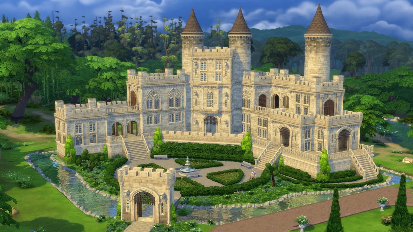 A screenshot from The Sims 4&rsquo;s Castle Estate Kit pack showing an imposing turreted castle curving around a grand driveway.