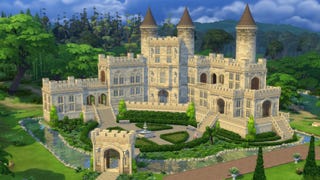 A screenshot from The Sims 4's Castle Estate Kit pack showing an imposing turreted castle curving around a grand driveway.
