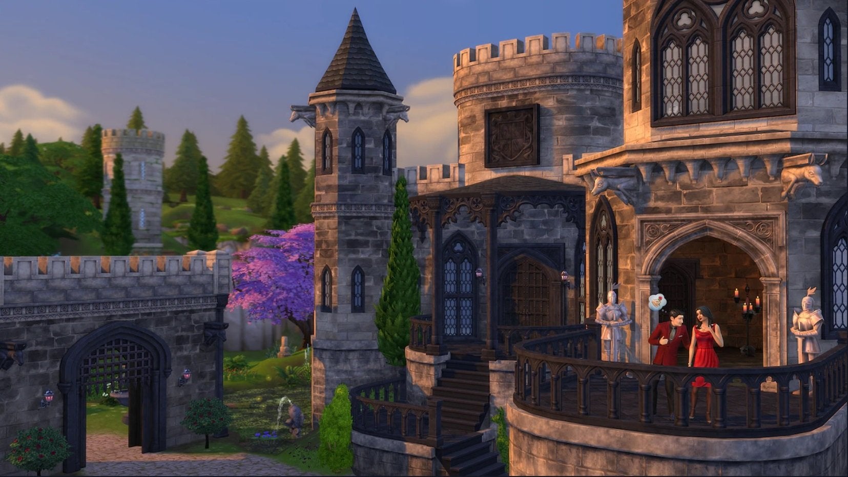 A screenshot from The Sims 4&rsquo;s Castle Estate Kit pack showing two Sims stood on the balcony of their lavish estate, deep in conversation.
