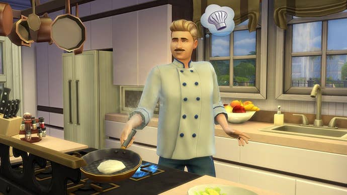 A male Sim in a chef’s uniform cooking something in a frying pan.