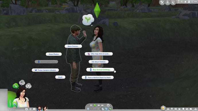 Two Sims in conversation. The highlighted dialogue option reads “Buy Animal Clothing…"