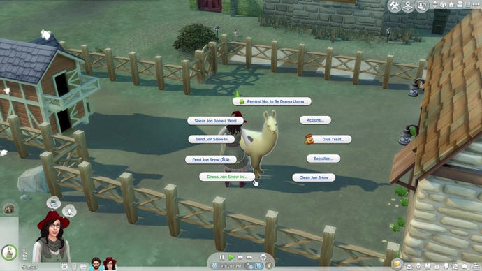 A Sim cleaning a llama with a pie menu interaction open. The selected action reads “Dress Jon Snow in…"