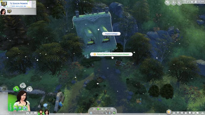 An interaction menu in The Sims 4 when clicking on the Creature Keeper’s Cottage. Highlighted text reads “Focus Camera on the Creature Keeper”.