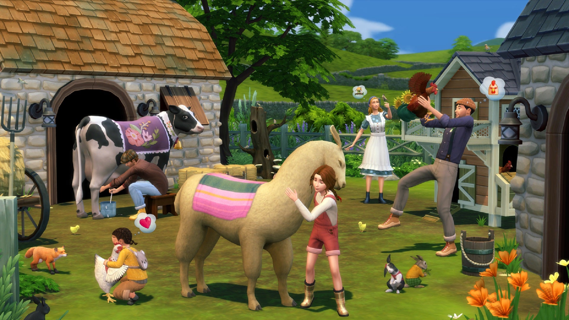 A young girl hugs a llama in a farmyard. In the background, other characters interact with chickens and cows.