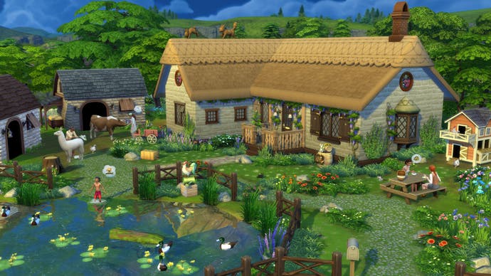 The Sims 4 Cottage Living artwork showing a beautiful cottage with animal and Sims relaxing in its garden.