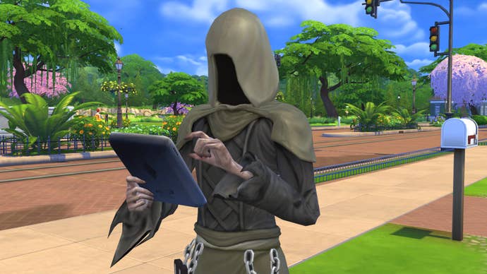 A screenshot from The Sims 4 showing the Grim Reaper tapping on a touchscreen tablet.
