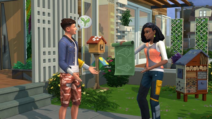 The Sims 4 Eco Lifestyle artwork showing two Sims looking at blueprints.