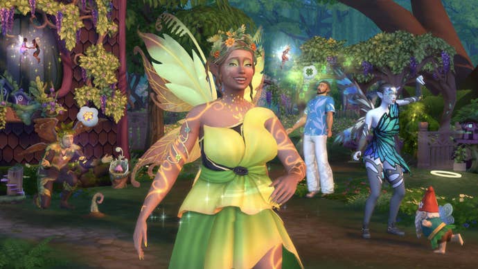sims 4 enchanted by nature sims in fairy costumes under enchanted tree