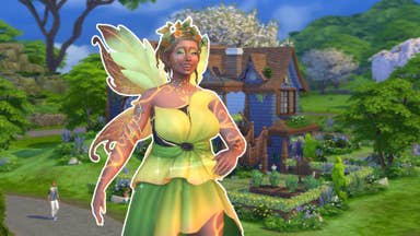 Mother Nature from The Sims 4's Enchanted by Nature expansion superimposed over a screenshot of a fairytale house.