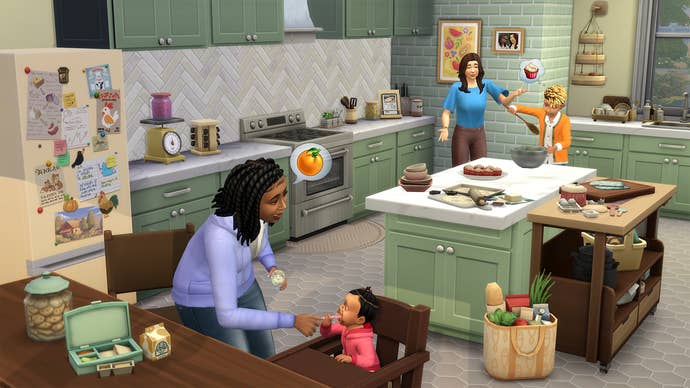 A screenshot from The Sims 4’s Kitchen Clutter Kit showing a family hanging out in a kitchen with an assortment of room-appropriate clutter on the countertops.