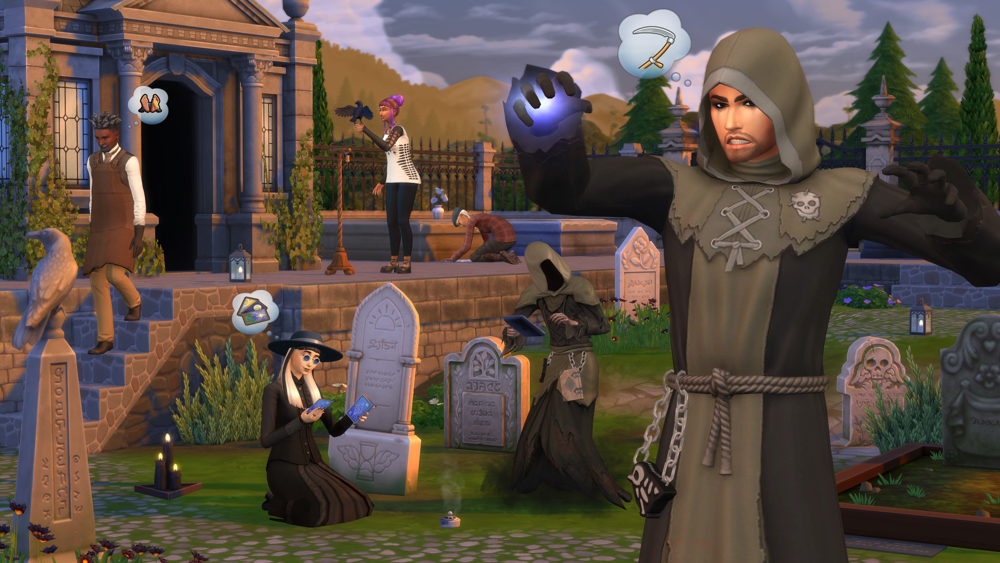 Some sims dressed as grim reapers and doing some spooky stuff in The Sims 4.