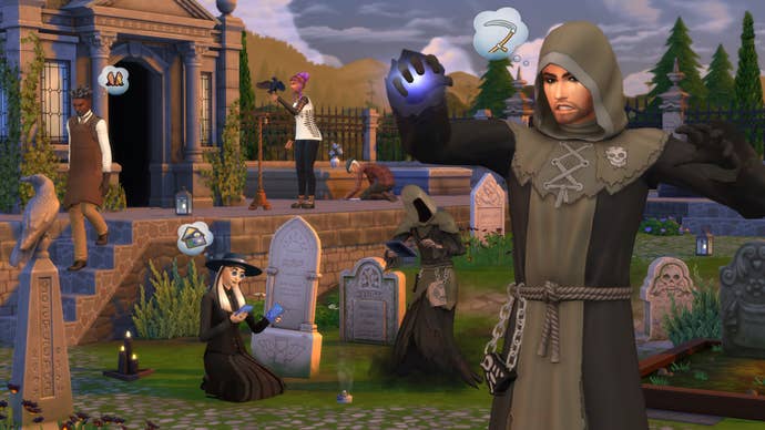 Some sims dressed as grim reapers and doing some spooky stuff in The Sims 4.