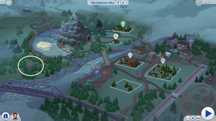 The Moonwood Mill map from The Sims 4 Werewolves, with Greg’s house circled.