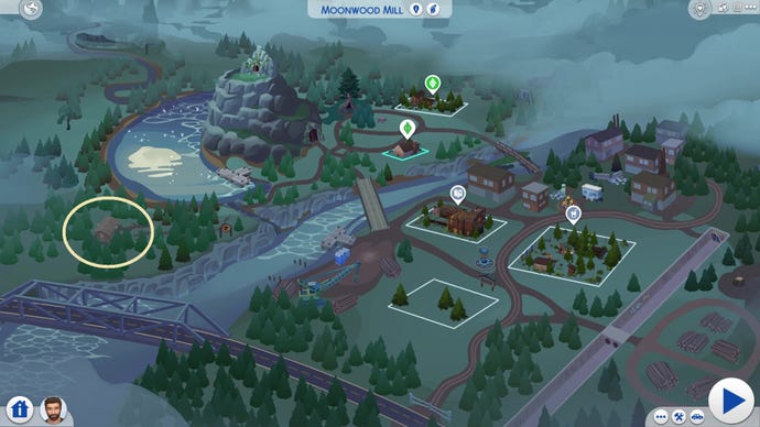 The Moonwood Mill map from The Sims 4 Werewolves, with Greg’s house circled.
