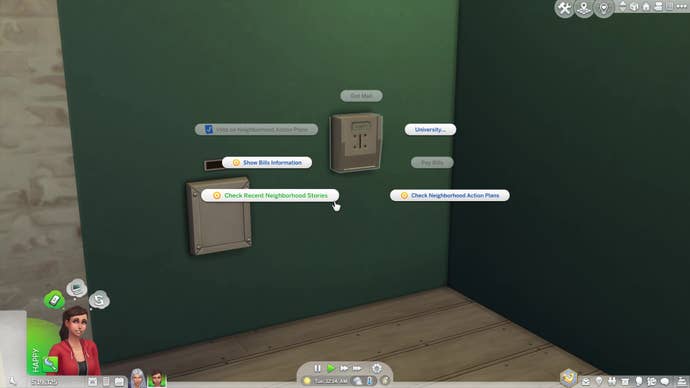 A mailbox in an apartment building in The Sims 4 with all interactions displayed. The new “Check Neighborhood Stories” option is highlighted.