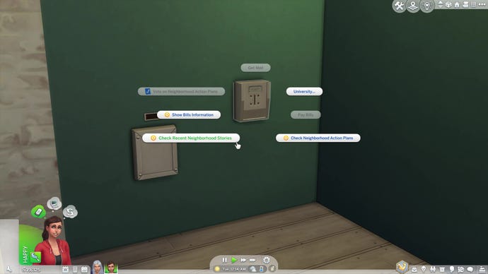 A mailbox in an apartment building in The Sims 4 with all interactions displayed. The new “Check Neighborhood Stories” option is highlighted.