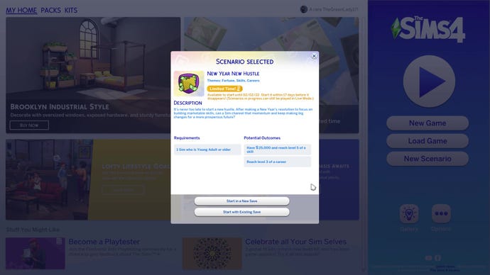 The Scenario selection screen in The Sims 4, showing the time-limited Scenario “New Year New Hustle”.