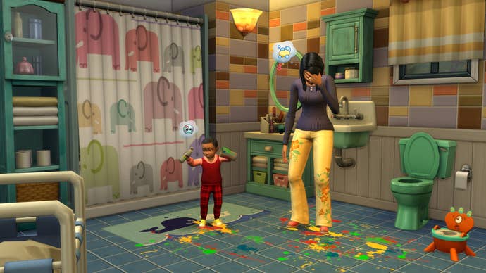 The Sims 4 Parenthood artwork showing a Sim in distress about their child has thrown paint around.