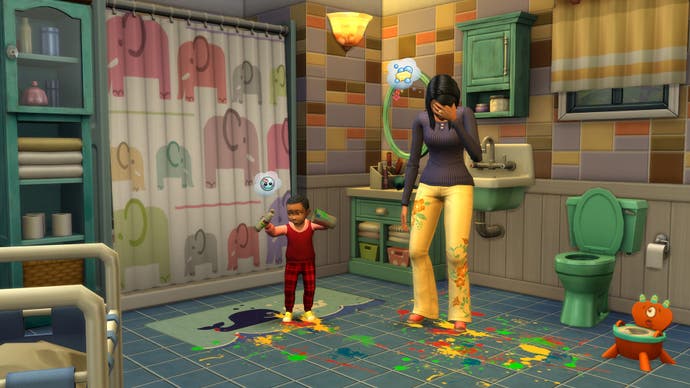 The Sims 4 Parenthood artwork showing a Sim in distress about their child has thrown paint around.