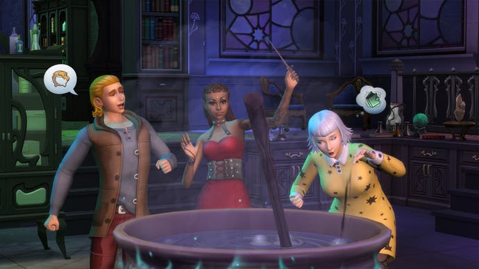 The Sims 4 Real of Magic artwork showing three Sims casting spells.