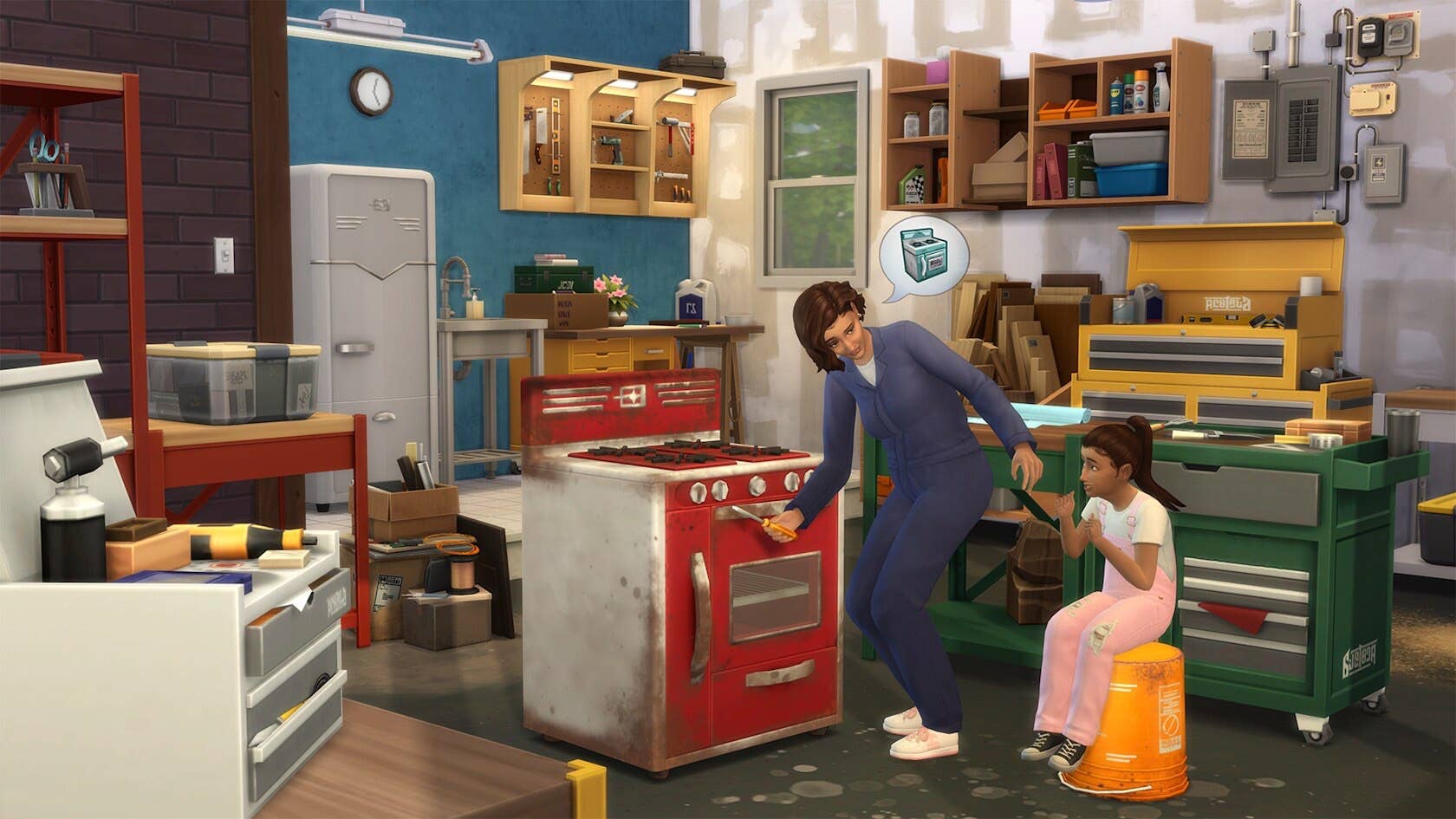 A screenshot from The Sims 4's Restoration Workshop Kit showing a female Sim fixing a stove with a screwdriver in the garage while a child Sim plays nearby.