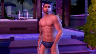 A Sims 4 screenshot showing a sexy man with a sexy six-pack doing a sexy pose in sexy speedos.