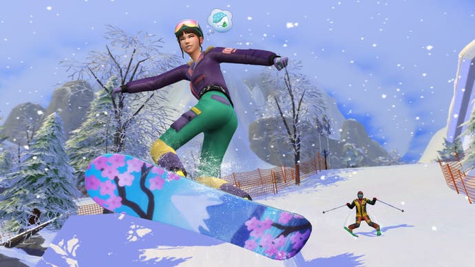 The Sims 4 Snowy Escape artwork showing a Sim snowboarding.