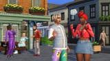 A Sims 4 Urban Homage Kit screenshot showing groups of Sims conversing on a street outside a pub.