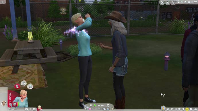 A Sim suffering from Werebies receives the cure from the bartender Celene López in The Sims 4 Werewolves.