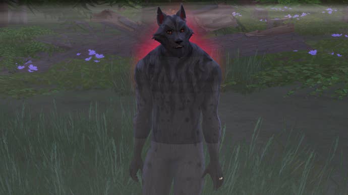 The Sims 4 Werewolves' new NPC Greg, in his werewolf form, with a red aura of anger around him.