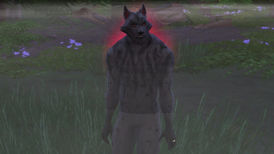 The Sims 4 Werewolves' new NPC Greg, in his werewolf form, with a red aura of anger around him.