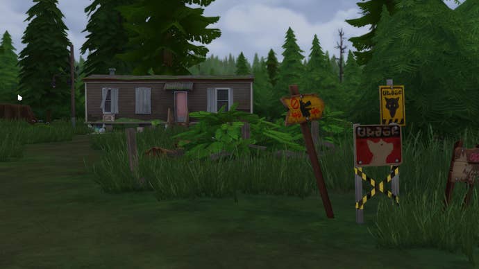 Greg’s isolated shack in The Sims 4 Werewolves, with warning signs posted out front.
