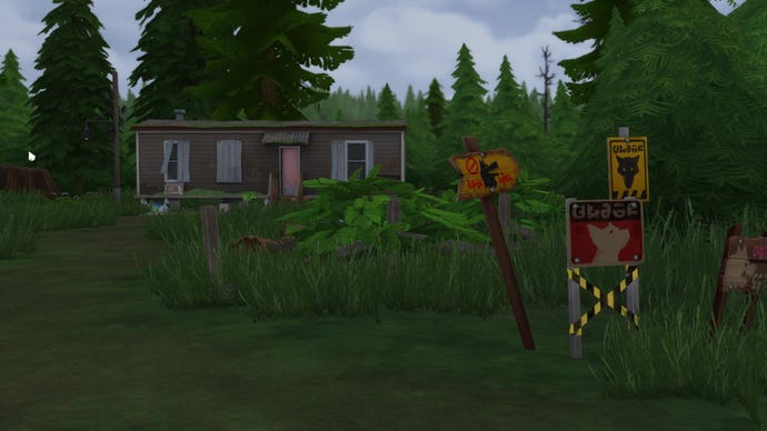 Greg’s isolated shack in The Sims 4 Werewolves, with warning signs posted out front.