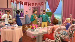 Two male Sims toast a couple at the head table of a rehearsal dinner.