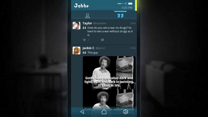 Looking at a Bob Ross meme on a phone in a Simulacra screenshot.