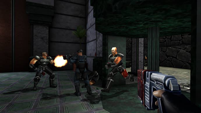 Some ’90s shooter grunts do battle in SiN Reloaded, now with sharper textures.
