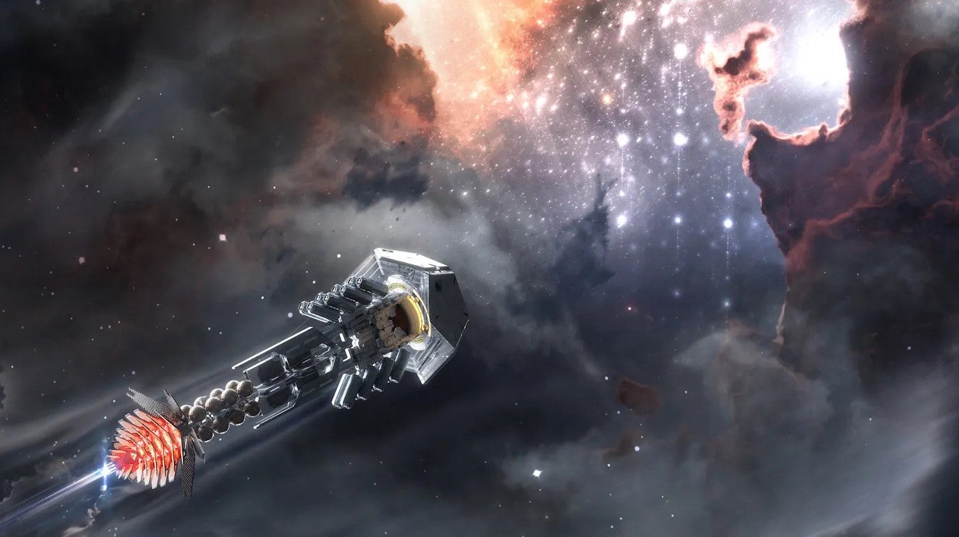 A spacecraft consisting of a long hull with a single big engine and some spindly radial attachments flying towards distant stars in an illustration for Sine Fine. - 1