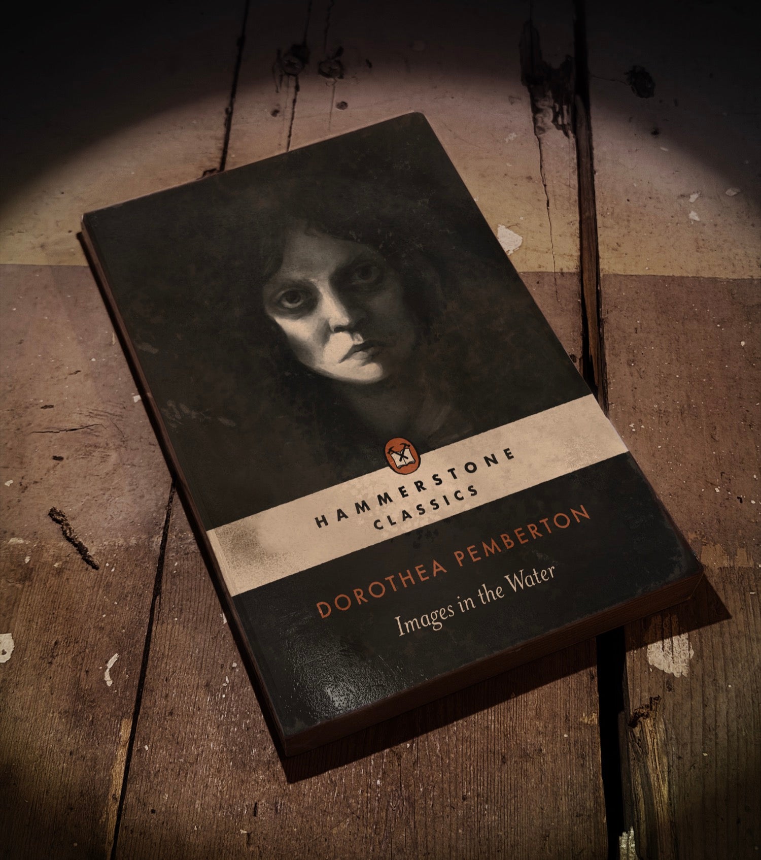 Fotografie knihy ležící na dřevěné podlaze, na přebalu je žena s vážným výrazem.