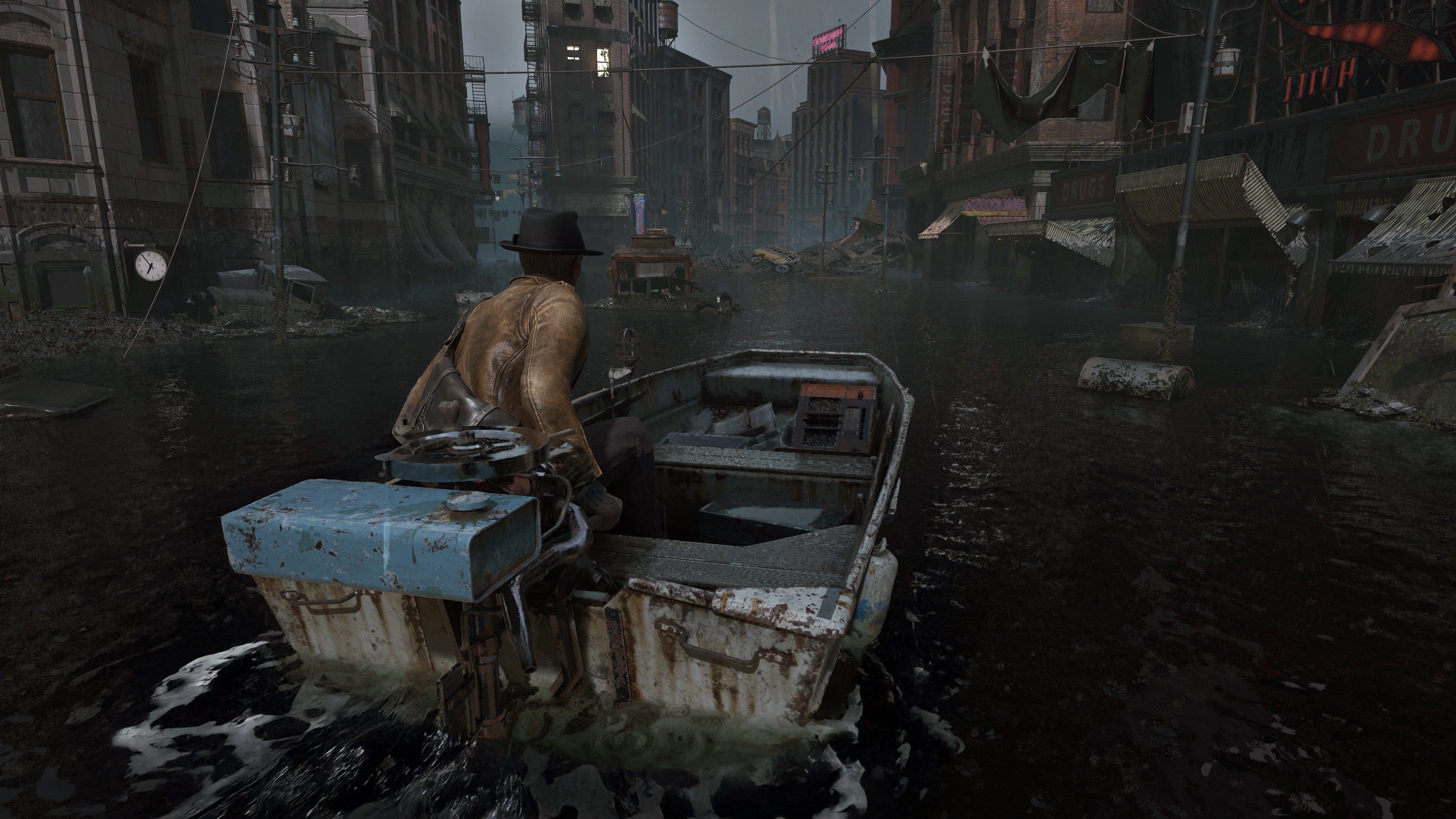 The player piloting a boat in The Sinking City 2.