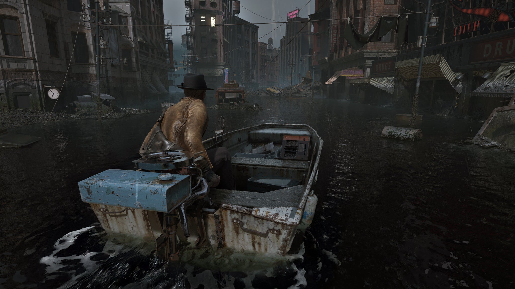 The player piloting a boat in The Sinking City 2.