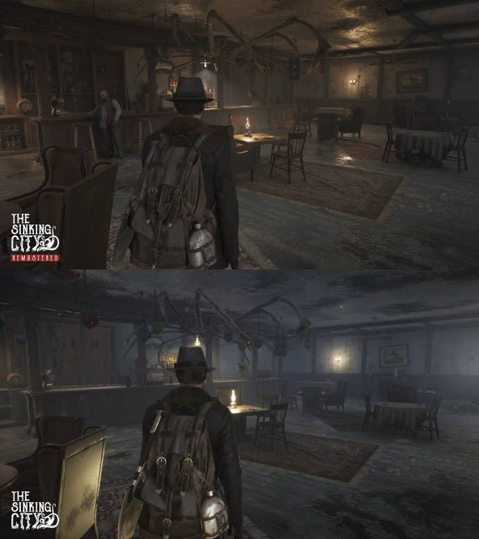 Image comparing a scene in the original The Sinking City against its remaster.