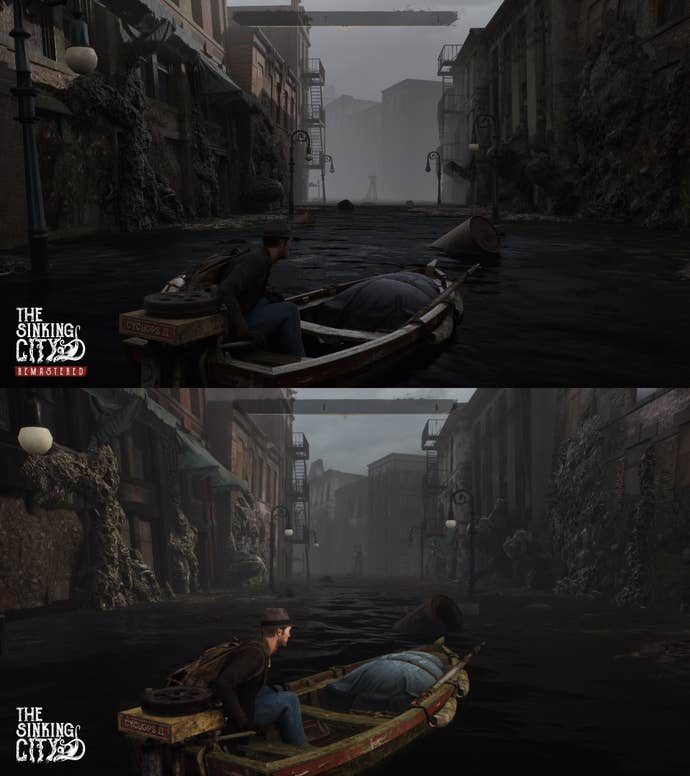 Image comparing a scene in the original The Sinking City against its remaster.