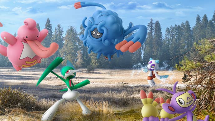 Tangrowth, Lickilicky, Mamoswine, Gallade, Yanmega and Ambipom stood in a field.