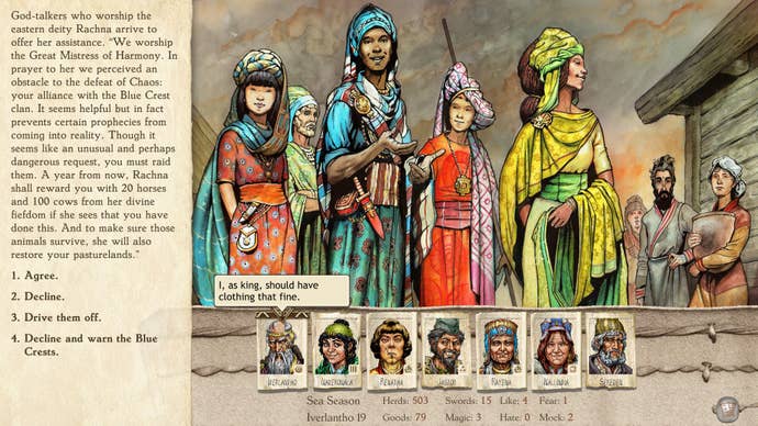 Some God-talkers who worship Rachna have arrived to tell you to shatter your alliance with the Blue Crest clan, in a screenshot from Six Ages 2