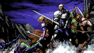 Skald official artwork showing several party members on a rocky coast fending off sea monsters as waves crash around them, in classic C64 pixellated style